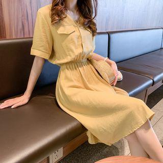 Cutout Back Plain Cuffed Shirtdress