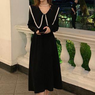 Faux Pearl Collar A-line Midi Knit Dress