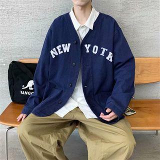 Lettering V-neck Button-up Jacket
