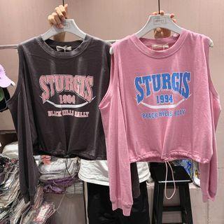 Off Shoulder Long-sleeve Lettering T-shirt