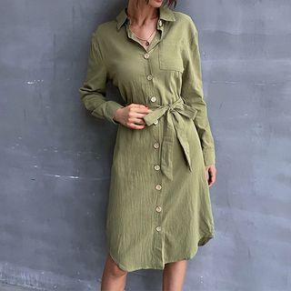 Plain Button-through Tie-front Shirt Dress