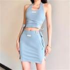 Set: Halter-neck Strappy Top + Pencil Skirt + Arm Sleeves