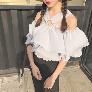 Cross Strap Neck Off-shoulder Short Sleeve Ruffled Blouse