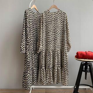 Patterned Long-sleeve Midi Chiffon A-line Dress