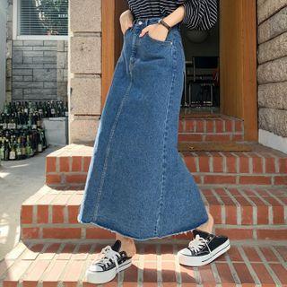 Washed A-line Maxi Denim Skirt