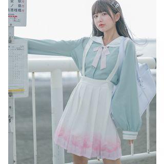 Long-sleeve Bow Accent Blouse / Suspender Mini Pleated Skirt