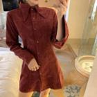 Corduroy Long-sleeve Slim-fit Dress Wine Red - One Size