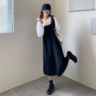 Plain Blouse / Midi A-line Pinafore Dress / Set