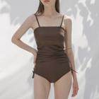 Spaghetti-strap Drawstring Plain / Checked Swimsuit