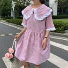 Lace Trim Plaid Collared Elbow Sleeve Dress