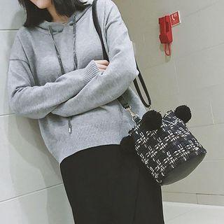 Faux Fur Ball Accent Plaid Bucket Bag