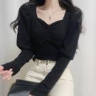 Plain Long Puff-sleeve Ribbed Top