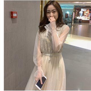 Long-sleeve Sequin Midi A-line Mesh Dress