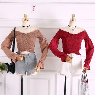 Off-shoulder Smocked Wrap Blouse
