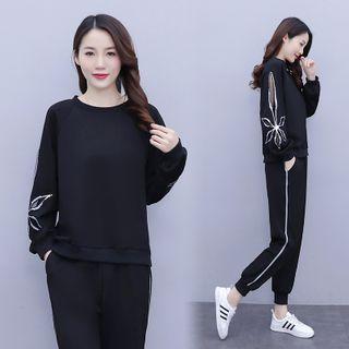 Set: Long-sleeve Sequined Cutout Top + Straight Leg Pants