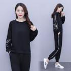 Set: Long-sleeve Sequined Cutout Top + Straight Leg Pants