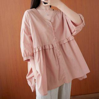 Elbow-sleeve Plain Henley Blouse