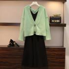 Sleeveless Midi Knit Dress / Plain V-neck Cardigan / Set