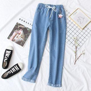 Drawstring-waist Distressed Straight Leg Jeans
