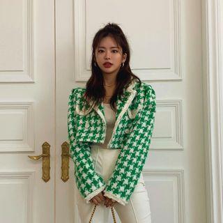 Wool Blend Cropped Houndstooth Jacket