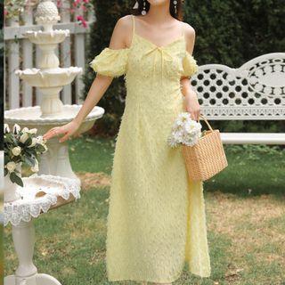 Cold-shoulder Plain Midi A-line Dress