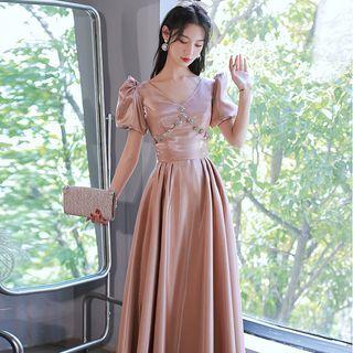 Puff-sleeve Rhinestone Embellished Maxi Cocktail Dress