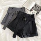 Plain Double-breasted High-waist Shorts With Belt