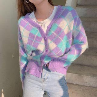 Argyle Cardigan Bluish Green - One Size