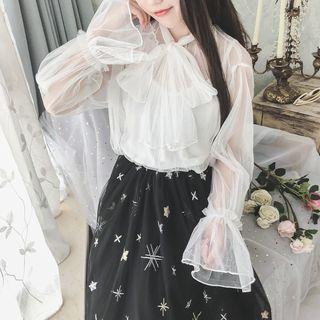 Set: Flare Sleeve Shirt + Star Pattern A-line Midi Skirt