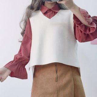 Set: V-neck Vest + Flare Sleeve Shirt