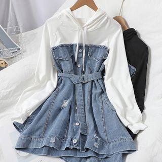 Ripped Denim Panel Hoodie Dress
