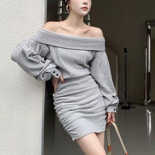 Off-shoulder Shirred Knit Dress