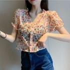 Floral Print Short-sleeve Chiffon Blouse As Shown In Figure - One Size