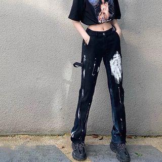 Mid Rise Splash Print Straight Leg Jeans
