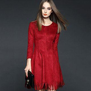 Long-sleeve Fringe Suede A-line Dress