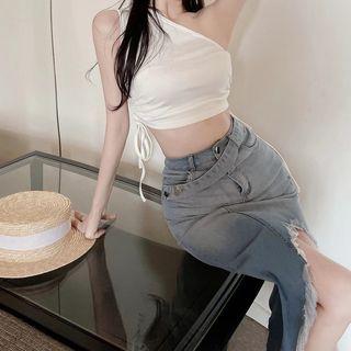 Set: One-shoulder Crop Tank Top + Denim Pencil Skirt