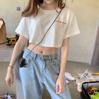 Short-sleeve Lettering Cropped Top White - One Size