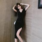 Short-sleeve Glitter Side-slit Midi Sheath Dress