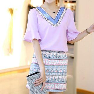 Set: Sequined Elbow Sleeve Chiffon Top + Patterned Skirt