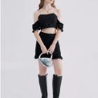 Set: Cold-shoulder Jacquard Crop Top + Ruffle Hem Mini Pencil Skirt