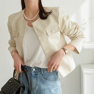 Round-neck Flap Faux-leather Jacket