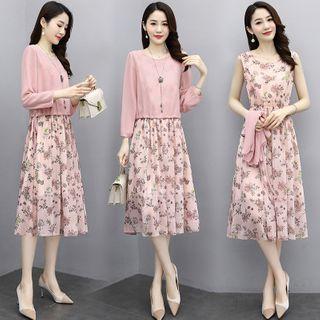 Set: Long-sleeve Plain T-shirt + Sleeveless Floral Print Midi Dress