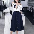 Set: Cold Shoulder Short-sleeve Blouse + Buttoned A-line Midi Skirt