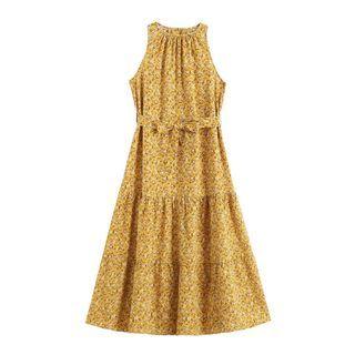 Sleeveless Floral Print Tiered Midi A-line Dress