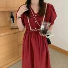 V-neck Ruffle Button-up Puff-sleeve Dress Red - One Size
