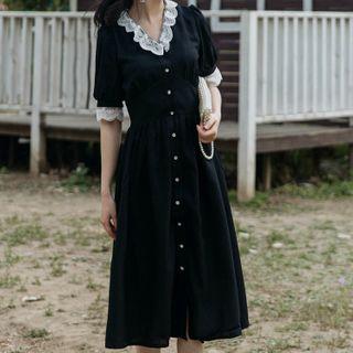 Lace Trim Short-sleeve Button Midi A-line Dress