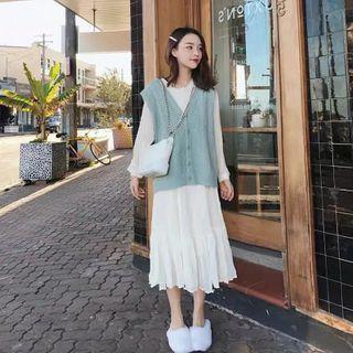 Long-sleeve Midi A-line Chiffon Dress / Sweater Vest