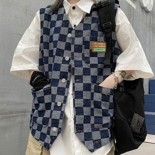 Checkerboard Denim Vest