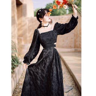 Puff-sleeve Floral Print Cutout Midi A-line Dress