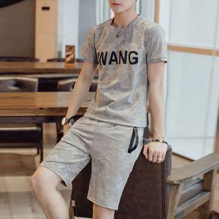 Set: Short-sleeve Lettering T-shirt + Camo Print Shorts